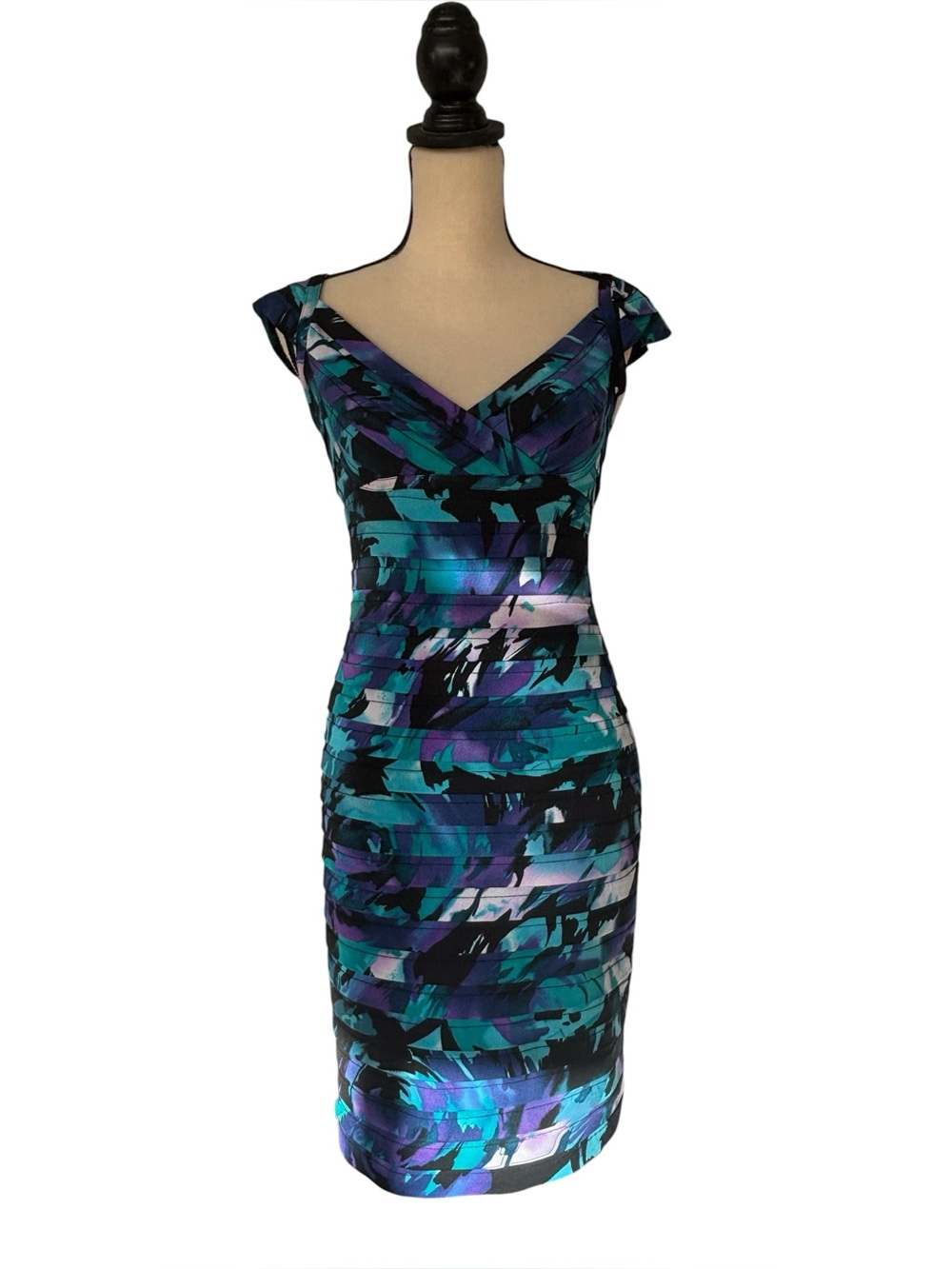 Adrianna Papell Sheath Dress 6 Teal Purple Abstract Shutter Pleat Cocktail